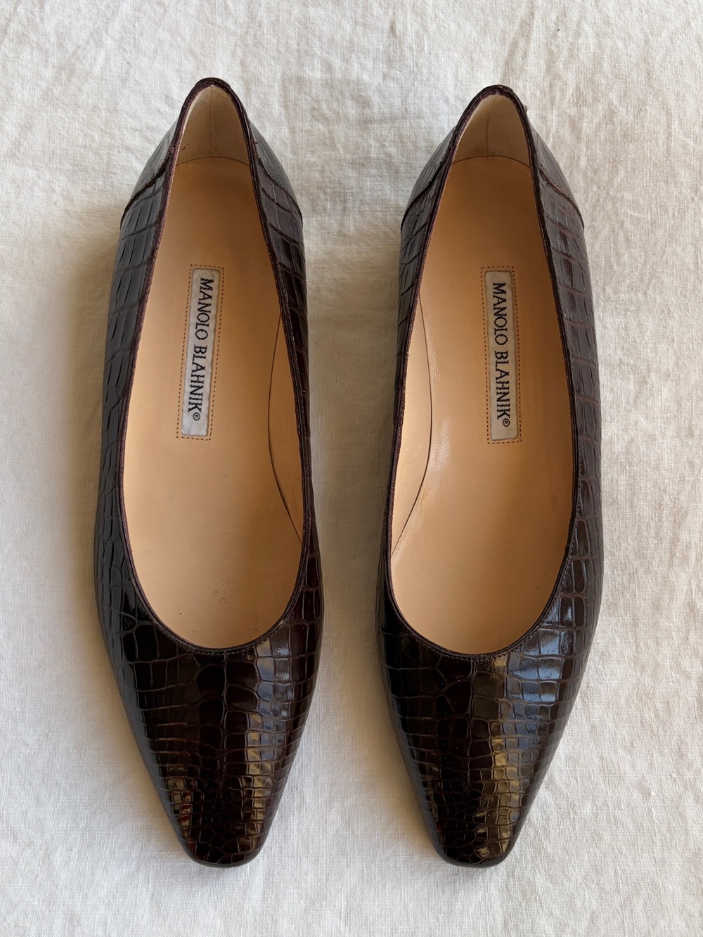 Vintage Manolo Blahnik Crocodile Leather Pointy Toe Ballet Flats Brown Chocolate